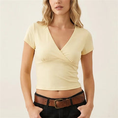 Solid Wrap V-Neck Short Sleeve T-Shirt