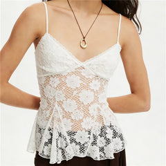 White Lace Flower See Through Spaghetti Strap Top