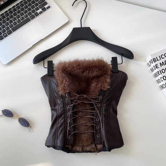 Faux Fur Leather Lace Up Strapless Smocked Crop Top