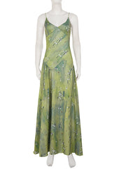 Green V-neck Print Satin Maxi Dress