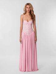 Halter Neck Lace Corset Tie Patchwork Long Dress