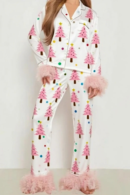 Christmas Satin Feather Trim Button-down Shirt And Pants Pj Set