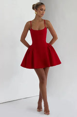 Red Strap Pleated A-Line Mini Dress