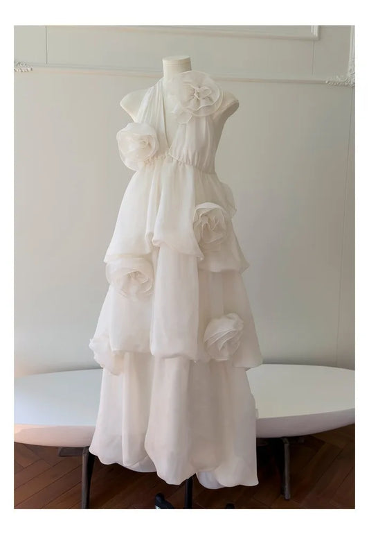 White Halter 3D Floral Tiered Bud Maxi Dress