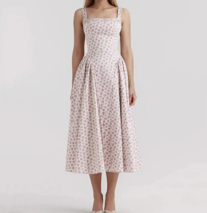 Floral Print Elastic Strap Round Neck Low Waist Hem Midi Dress