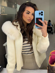 Fluffy Zipper Hoddie Knit Cardigan