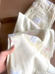 White Embroidered Bear Bow Pattern Jeans