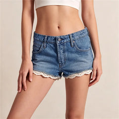 Lace Trim Denim Shorts