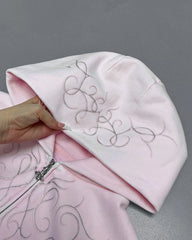 Pink Zipper Metallic Design Hoodie