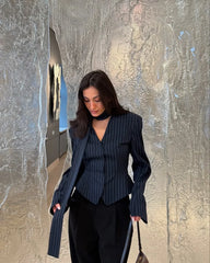 Stripe Tailored Coat With Scarf Top