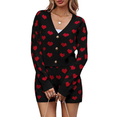 Love Heart Pattern Button Up Crop Knit Cardigans and High Waist Shorts
