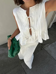 Folded Ruffles Lace Up Sleeveless Shirt Long Skirt 2 Pieces Set