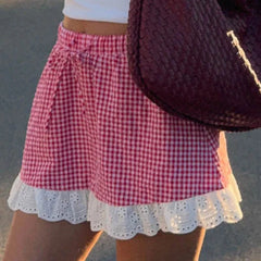 Plaid Lace Trim Elastic Waist Mini Skirt