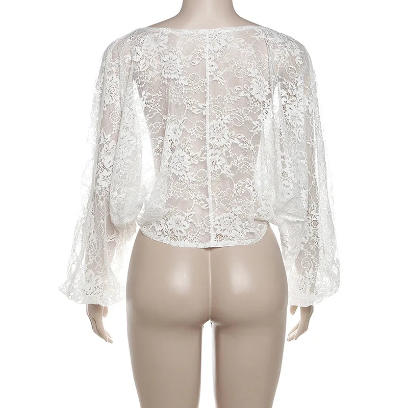 White Sheer Lace Knot Long Sleeve Crop Blouse