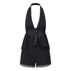 Halter Button Sleeveless Top And Shorts Set