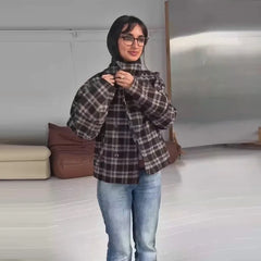 Plaid Asymmetric Button Stand Collar Jacket