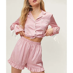 Bow Tie Long Sleeve Shirt And Short Pj Set