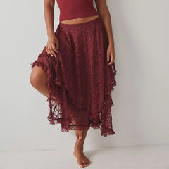 Lace Ruffle Sheer Asymmetrical Hemline Midi Skirt