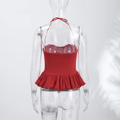 Red Peplum Halter Strap Top