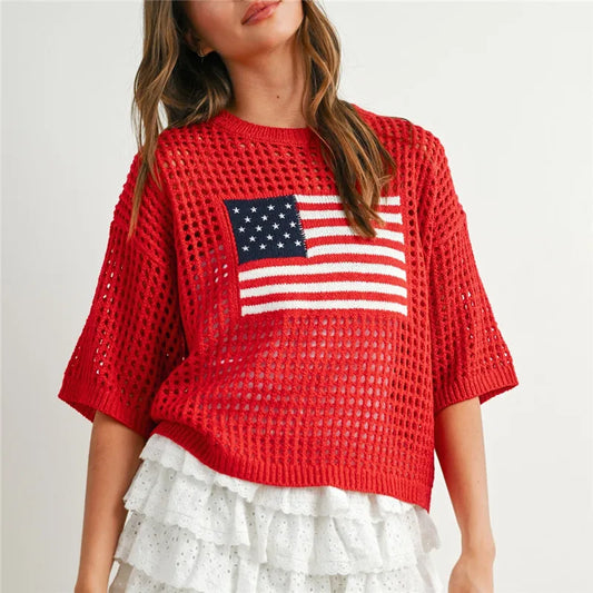 American Flag Print Knit Crochet Top