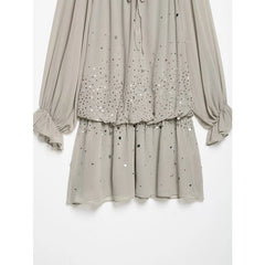 Grey Off Shoulder Ruffle Sequin  Drawstring Waist Mini Dress