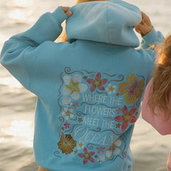Women's floral letter embroidery hoodie with a loose fit and kangaroo pocket.

