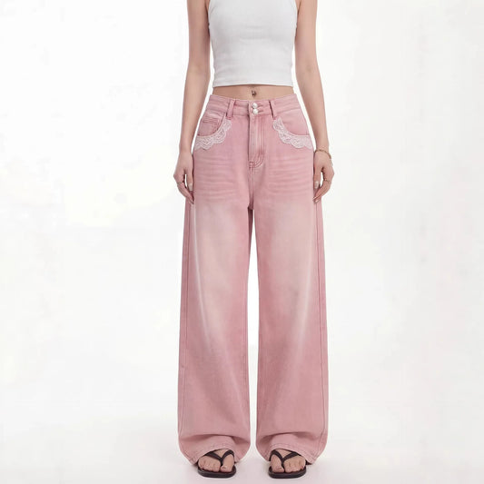 Pink Lace Trim Wide Leg Jeans