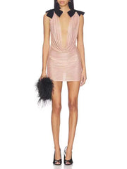 Pink Sequin Cowl Deep Neck Bow Strap Sheer Mini Dress