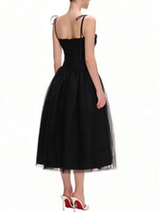Square Neck Sleeveless Tie Up Strap Bow Mesh Midi Dress