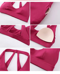 Collage of a pink bikini top with a focus on design and features.