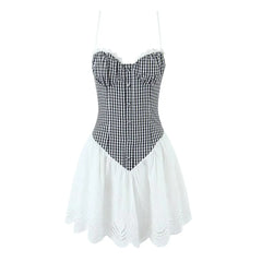 Plaid White Patchwork Eyelet Flare Sling Mini Dress