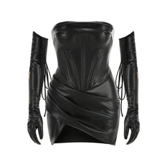 Black PU Leather Cinched Waist Pleated Mini Dress with Gloves