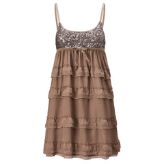 Sequin Bust Spaghetti Strap Tiered Ruffle Babydoll Mini Dress