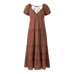 Lace Puff Sleeve V-Neck Back Tie Maxi Dress