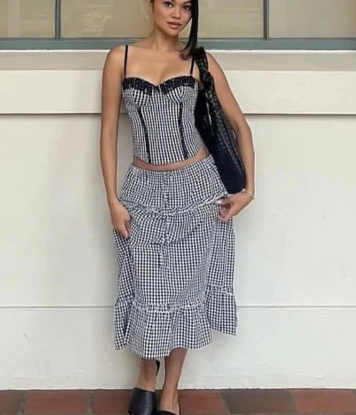 Plaid Printed Top and Midi Skirt Matching 2 Piece Set