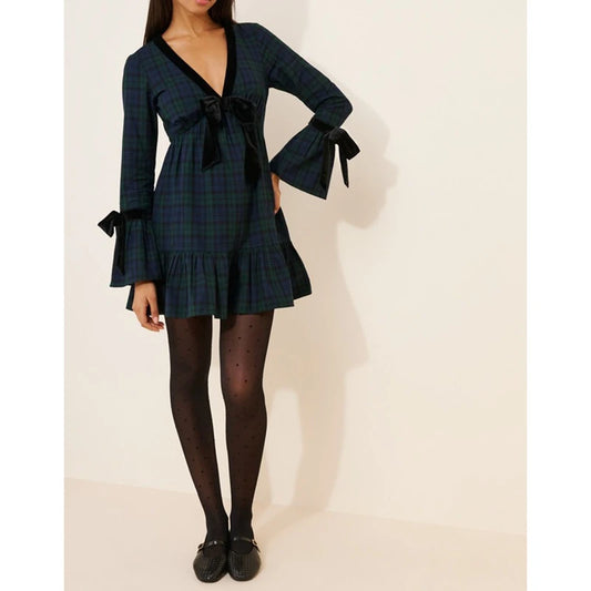 Plaid V-Neck Flare Long Sleeve Velvet Bow Mini Dress