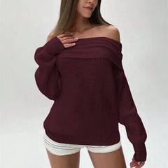 Off The Shoulder Fold Over Long Sleeve Ribbed Sweater