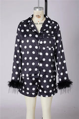 Satin Polka Dot Long Sleeve  Feather Cuff Top And Shorts Set