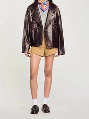 Brown Pu Leather Lapel Button Spliced Pocket Jacket