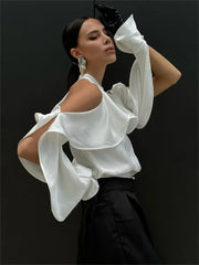 White High Neck Ruffled Cut Out Shirt Free From Label