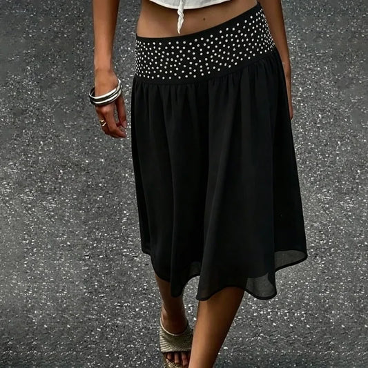 Polka Dot Stud Black Midi Skirt