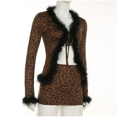 Tie Up Feather Leopard Print Tie Up Top And Mini Skirt Set