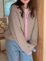 Brown Zipper Contrast Pink Striped Textured Cardigan