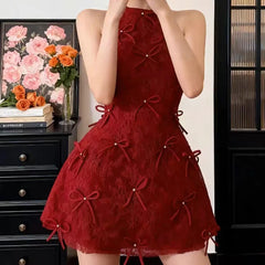 Red Bow Halter Neck Mini Dress