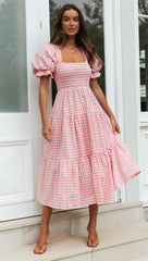 Plaid Puff Sleeve Midi Dress - Free From Label