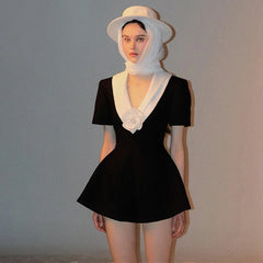 Black 3d Flower Applique Short Sleeve One Piece Romper