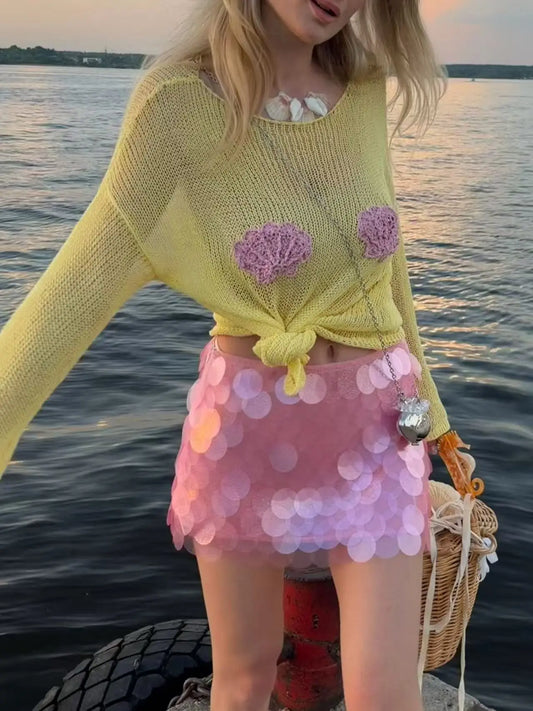 Knit Sheer Shell Embroidered Long Sleeve Round Neck Top