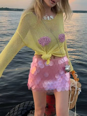 Knit Sheer Shell Embroidered Long Sleeve Round Neck Top