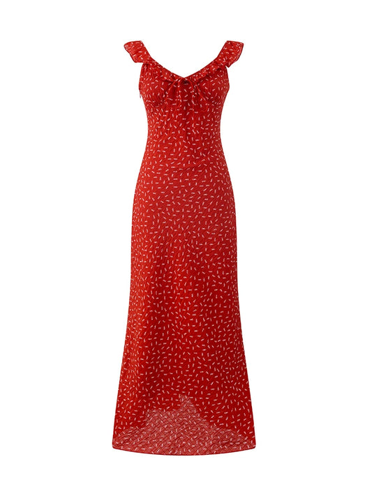 Red Ruffle Tie Up Midi Dress