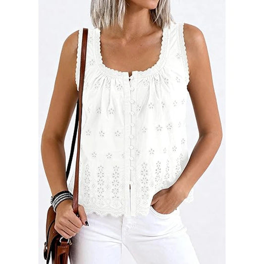 White Button Down Embroidered Eyelet Top